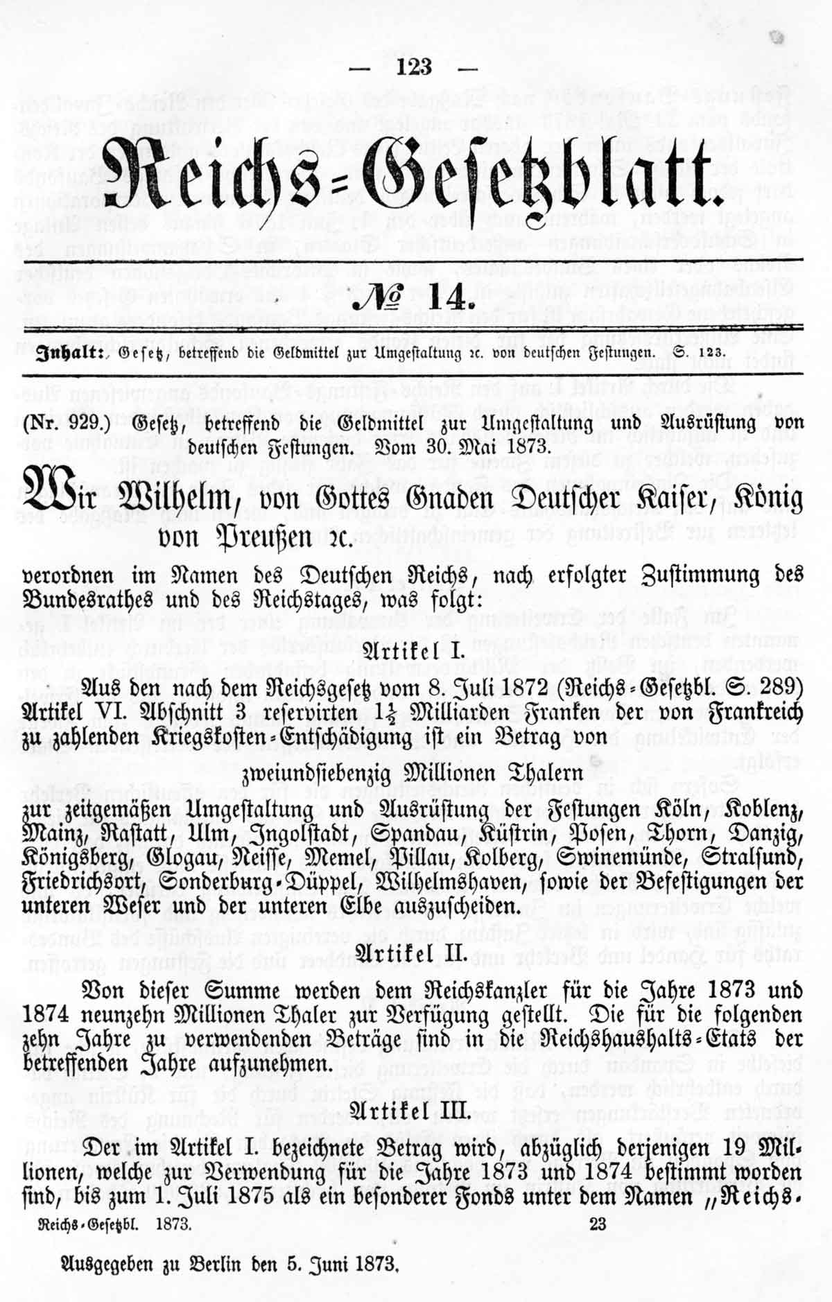 Deutsches Reichs-Gesetzblatt No. 14 vom 30. Mai 1873, Seite 123