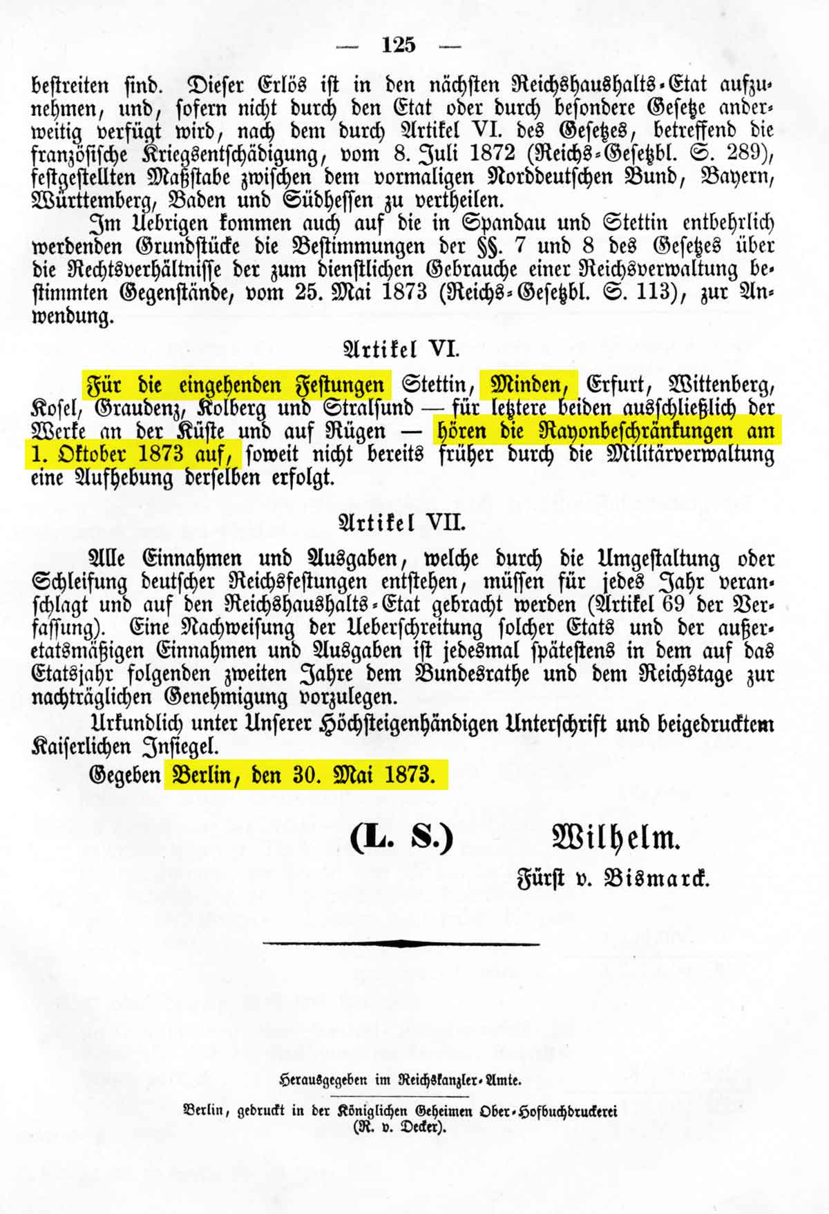 Deutsches Reichs-Gesetzblatt No. 14 vom 30. Mai 1873, Seite 125 Minden