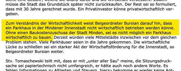 Ausschnitt aus dem Protokoll der Sitzung vom 26. Februar 2026 des Haupt- und Finanzausschusses der Stadt Minden mit dem Zitat des Beigeordneten Lars Bursian zur Wirtschaftlichkeit von Parkhäusern