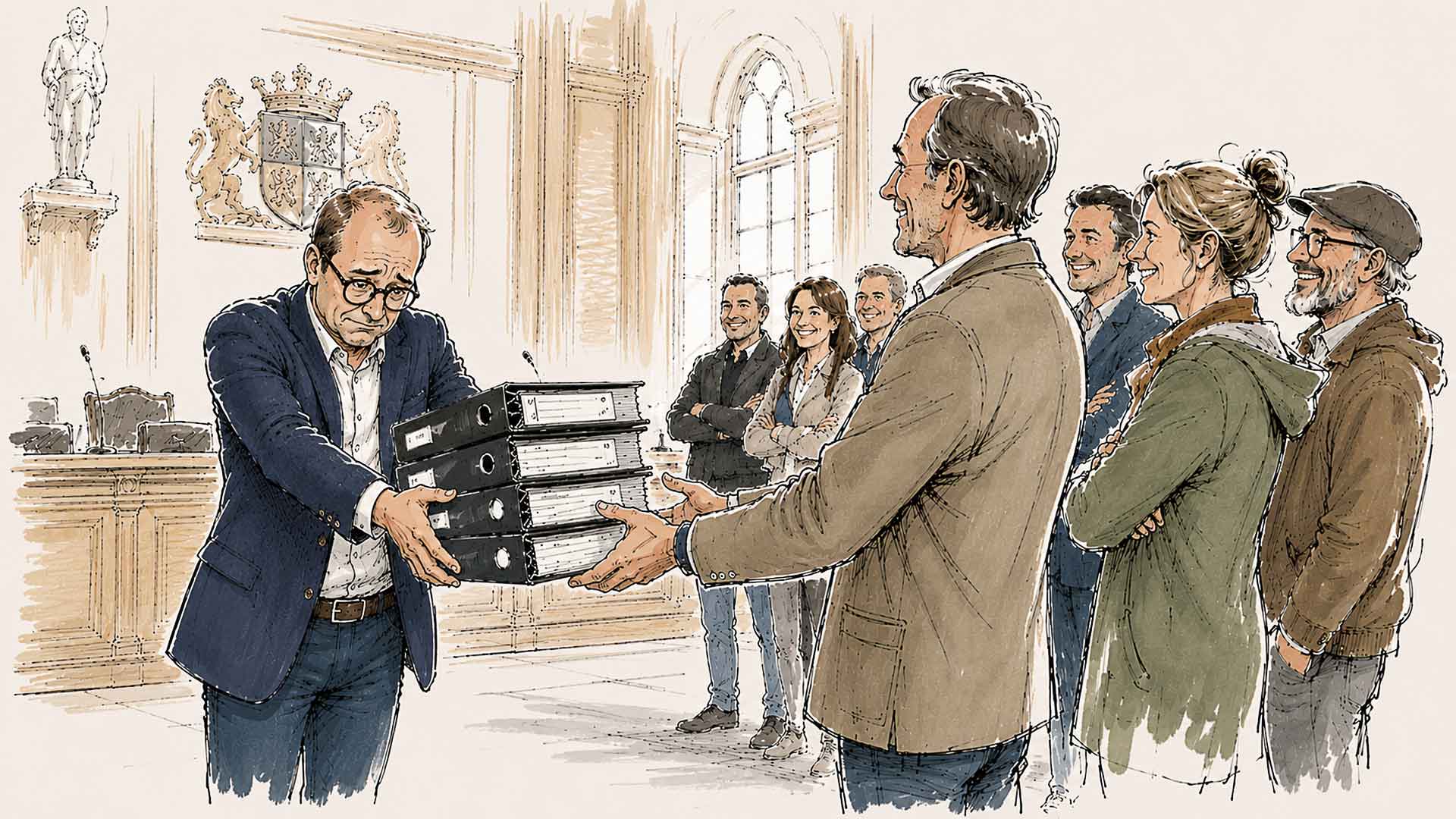 Der Bürgermeister überreicht dem Bürgerkomitee die Akten zur Einsicht