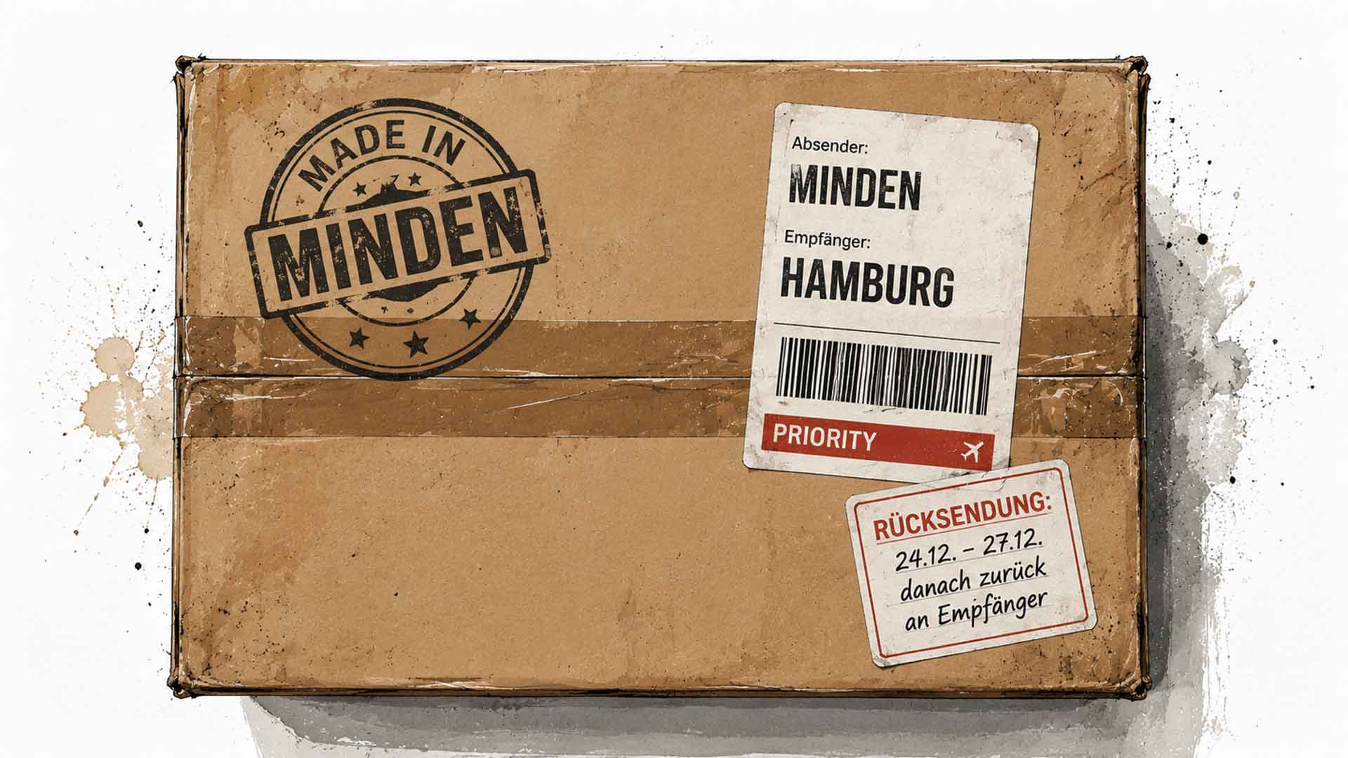 Paket mit dem Stempel "Made in Minden" und Anschrift in Hamburg