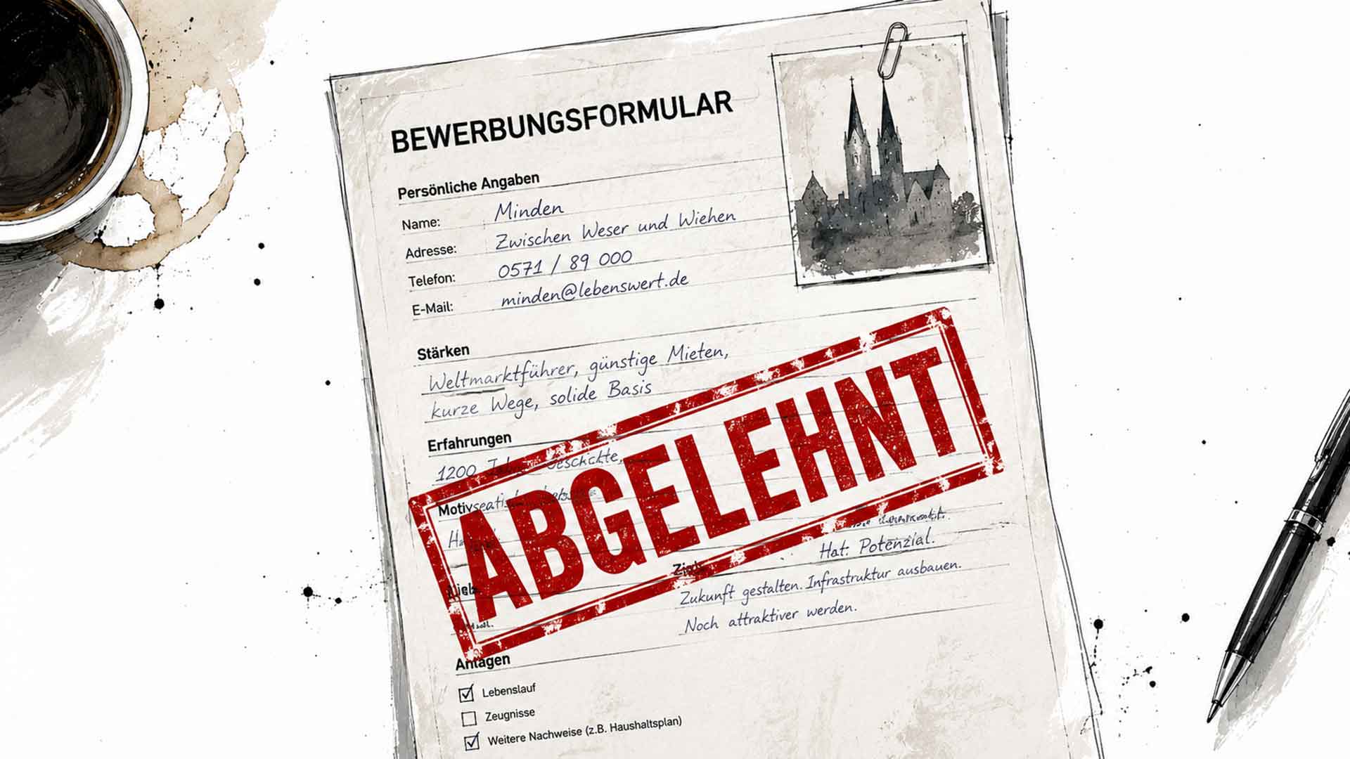 Bewerbungsbogen der Stadt Minden mit Stempel Abgelehnt